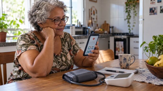 Mulher idosa consulta um aplicativo de saúde em casa, ao lado de um medidor de pressão.